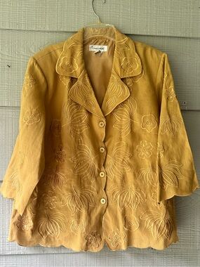 Lino USA Vintage Linen Floral Embroidered Scalloped Lagenlook Jacket /Mustard~3X